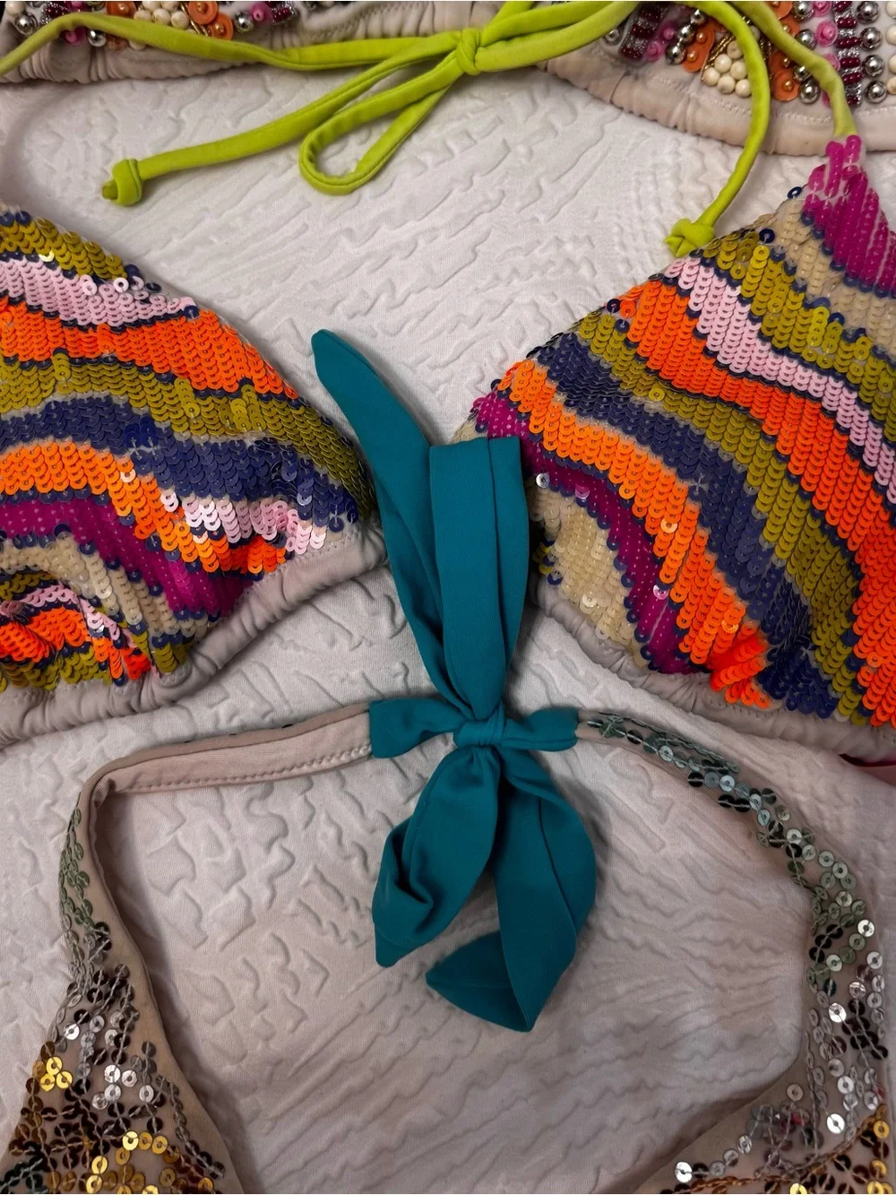 VICTORIAS SECRET Neon Stripe SEQUIN  BIKINI Top Medium